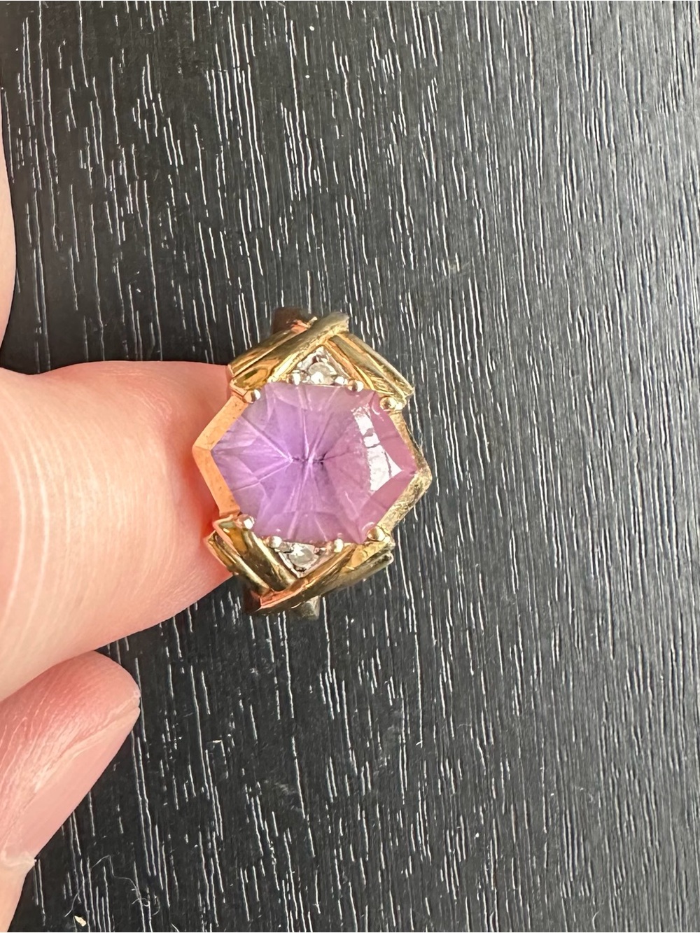 Gold-Tone Purple Hexagon Gem Statement Ring - Unbranded